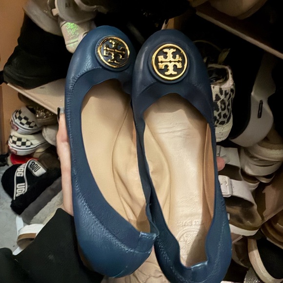 Tory Burch Shoes - Tory Burch Blue Leather Logo Ballet Flats with Gold Emblem